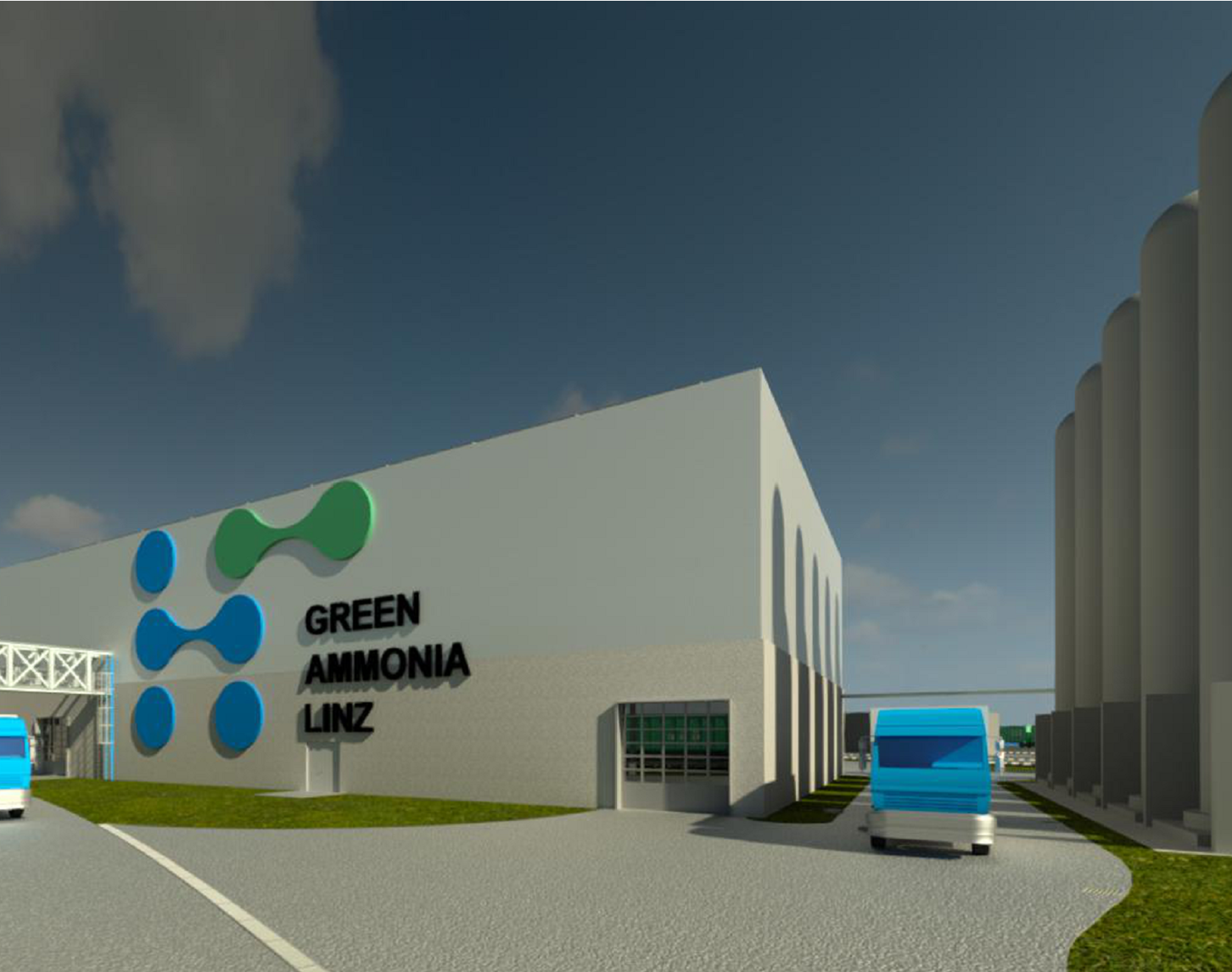 The future industrial plant can be seen as a graphic with the logo and lettering of Green Ammonia Linz. Trucks drive to the left and right of the building.